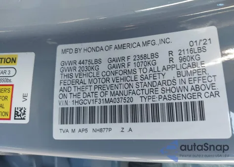 2021 Honda Accord Sport from USA, damaged, VIN 1HGCV1F31MA037520